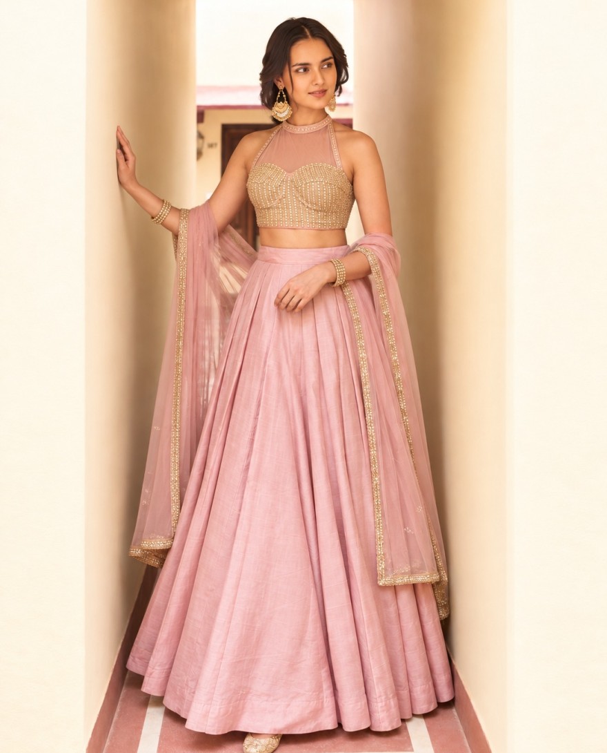 9030 - Silk Pink Plain Lehenga Choli